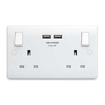 2 Gang White Round Edge Socket Outlet with USB charger