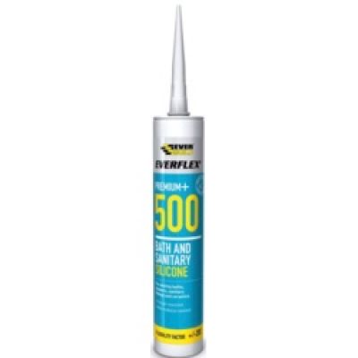 Turquoise tube of sanitary sealant with applicator in place on a white background