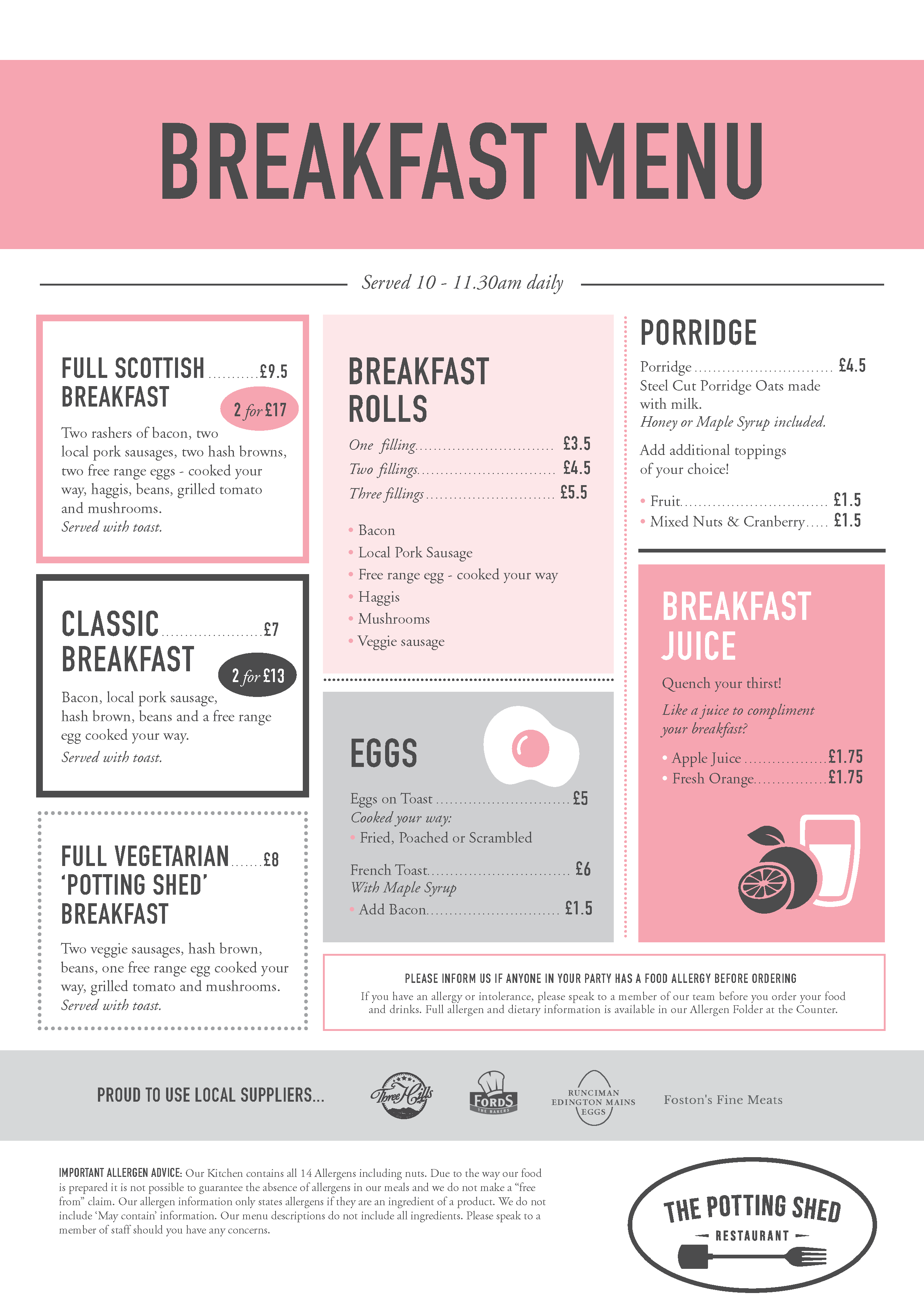 The Potting Shed Restaurant Menus